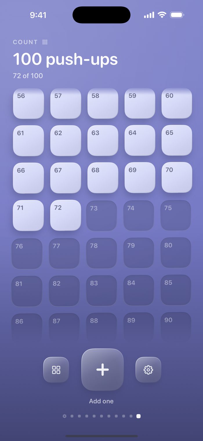 A hundred push-up squares, 72 of them filled