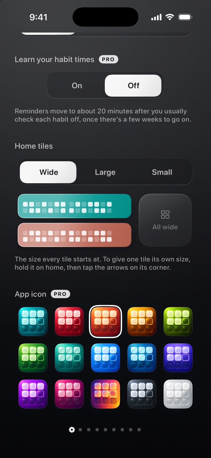 Settings, with home tile sizes and fifteen app icons