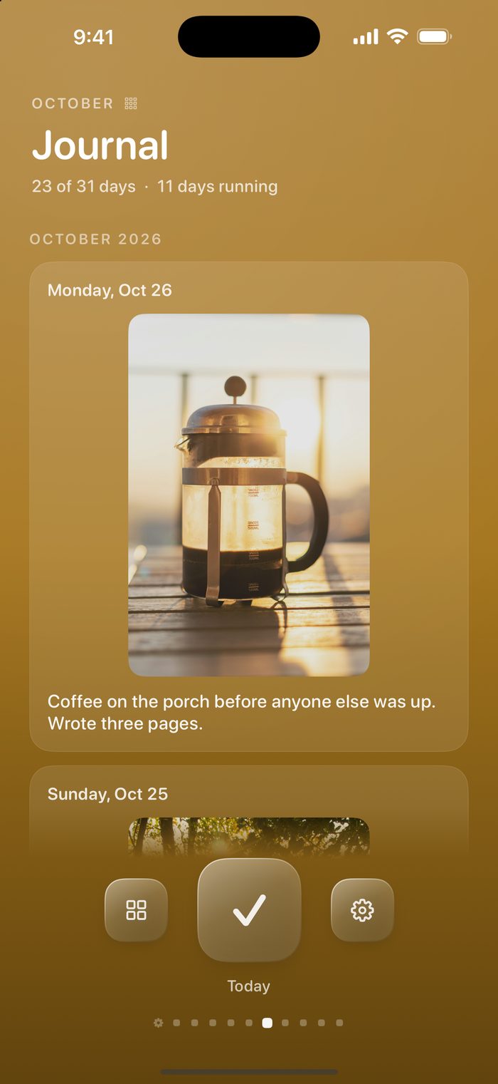 Journal's memories: a photo of coffee at sunrise and a short note